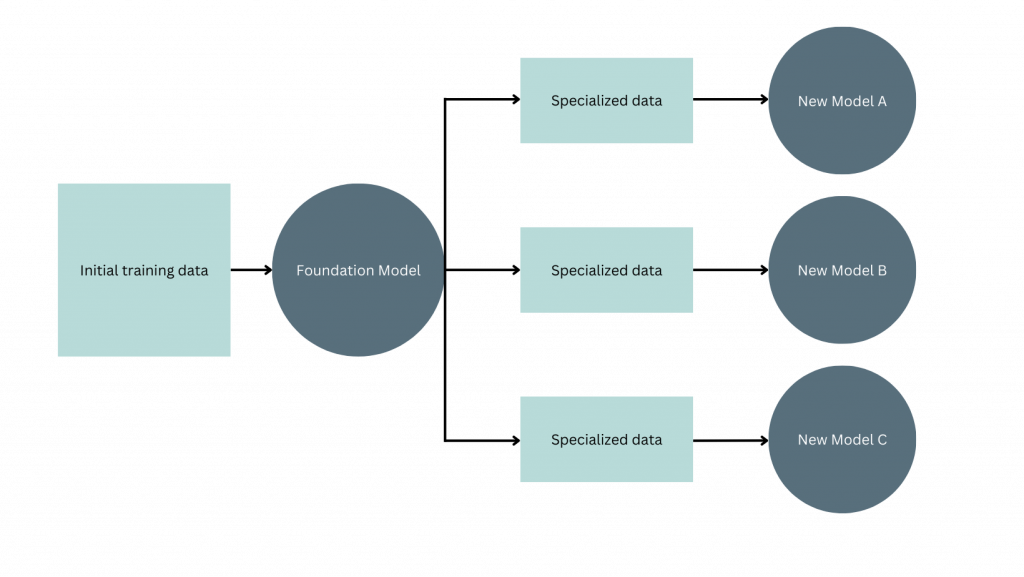 A flowchart showing a square with initial training data creating a foundation model, splitting off into three sections of specialized data being used to make new models